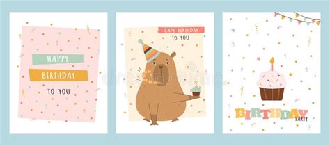 Birthday Card Set With Funny Capybara And Cake Stock Vector