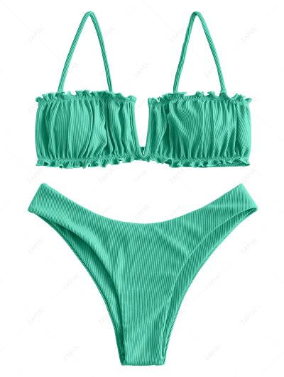 OFF ZAFUL V Wired Ribbed High Leg Bikini Swimwear In SKY BLUE ZAFUL