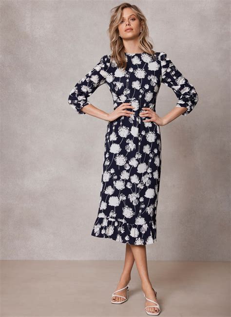 Navy Floral Ruffle Midi Dress Mint Velvet