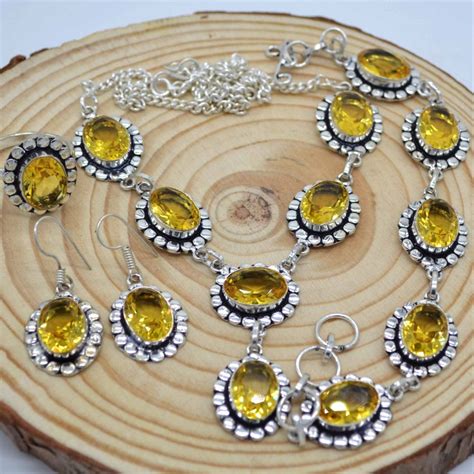 Silver Plated Party Wear Citrine Gemstone Necklace Earrings Set Size