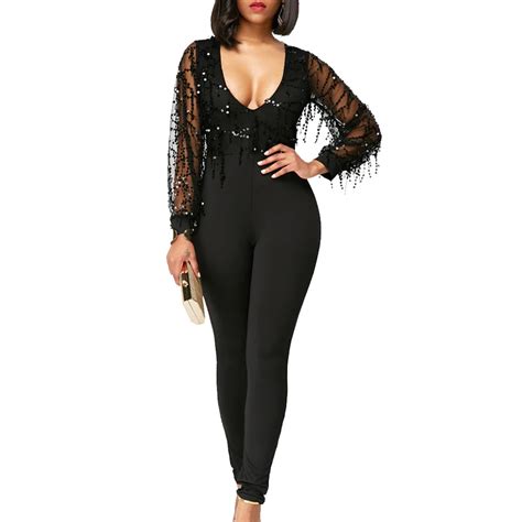 High Waist Black Jumpsuits Women Deep V Neck Backless Overalls Fashion