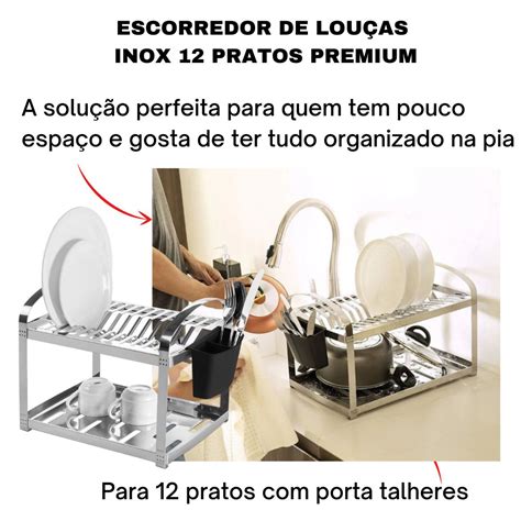 Escorredor de Louça Inox Porta e Seca Talher Copos Suporte Pia 12