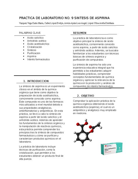 Reporte De Practica No 9 Sintesis De Aspirina PRACTICA DE