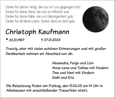 Traueranzeigen Von Christoph Kaufmann Trauer Hna De