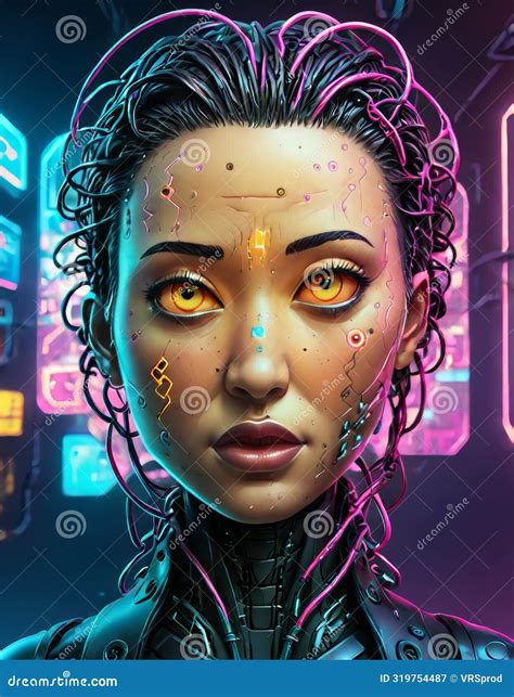 Futuristic Cyborg Woman With Yellow Eyes And Neon Lights Stock Image