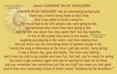 JD~Sunshine on My Shoulders & what inspired JD to write it. | John denver, John denver songs ...