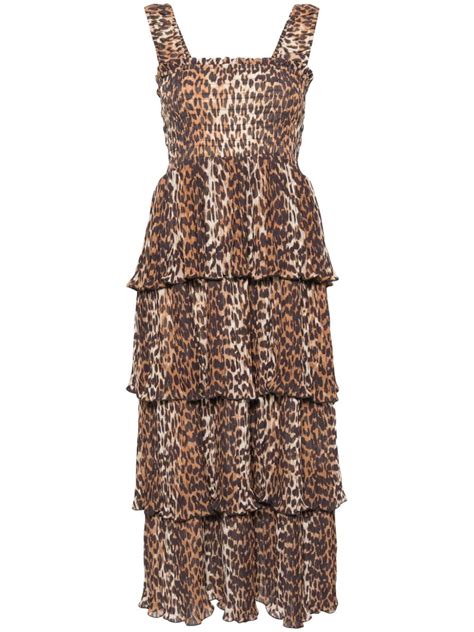 GANNI Leopard Print Layered Midi Dress Brown FARFETCH