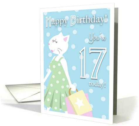 Happy Birthday 17 Year Old - Girl cat goes shopping card (859095)