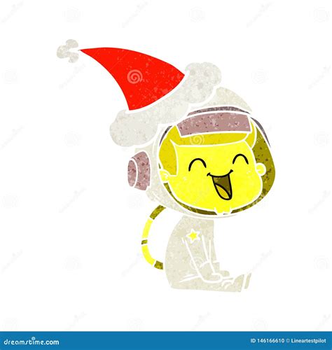 Happy Hand Drawn Retro Cartoon Of A Astronaut Wearing Santa Hat Stock