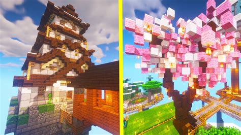 Japanese Castle And Cherry Blossom Tree Island Tour Minecraft Skyblock