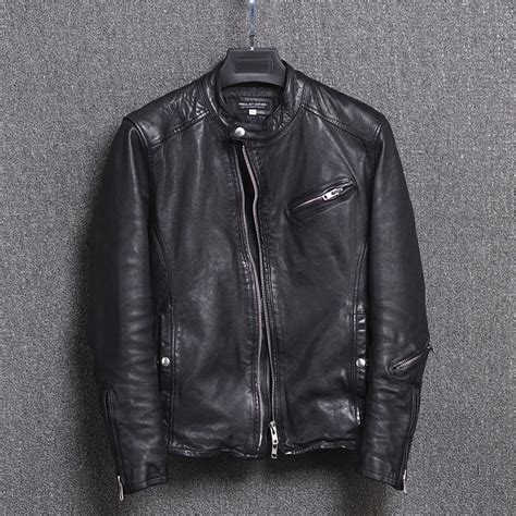 Vintage Genuine Leather Jacket Men Motorcycle Sheepskin Coat Short Slim