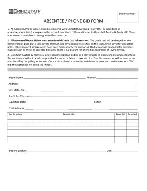 Fillable Online Bidder Number Absentee Phone Bid Form Fax Email Print