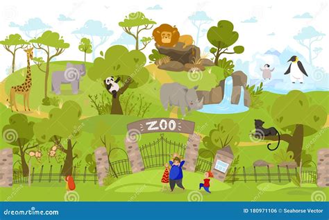 Happy Family Going To Zoo, Exotic Animals Cartoon Characters, People ...