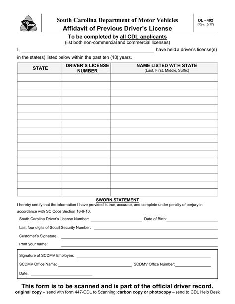 SCDMV Form DL 402 Affidavit Of Previous Driver S License Forms