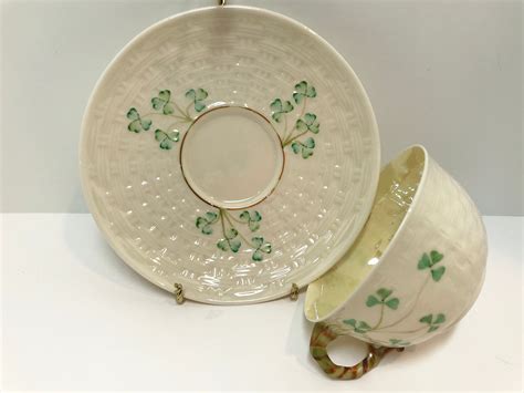 Shamrock Belleek Tea Cup And Saucer Irish Tea Cup Basket Weave