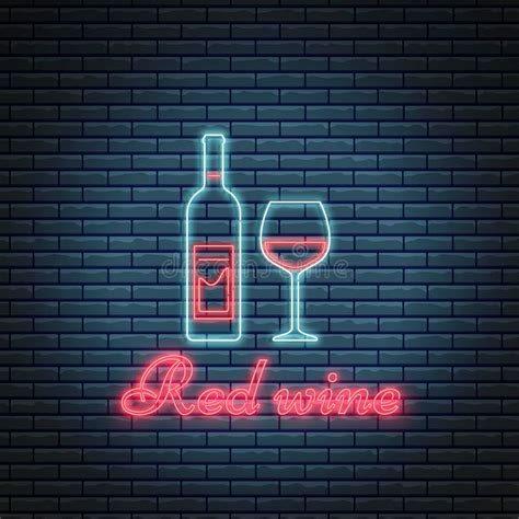 Glass Of Wine And Bottle Of Red Wine With Lettering In Neon Style