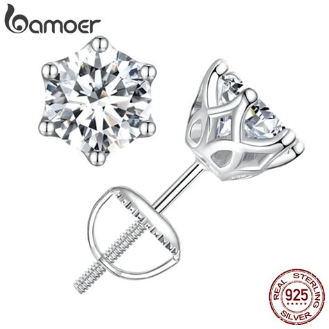 BAMOER Moissanite Wedding Stud Earrings White Gold Plated Brilliant