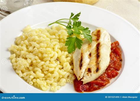 Grilled Chicken Escalope With Tomato Sauce And Pasta Stock Image Image Of Lunch Slice 201531495