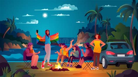 People With Lgbt Rainbow Flag At Beach T Night Party Around Campfire Gay Lesbian Love Parade