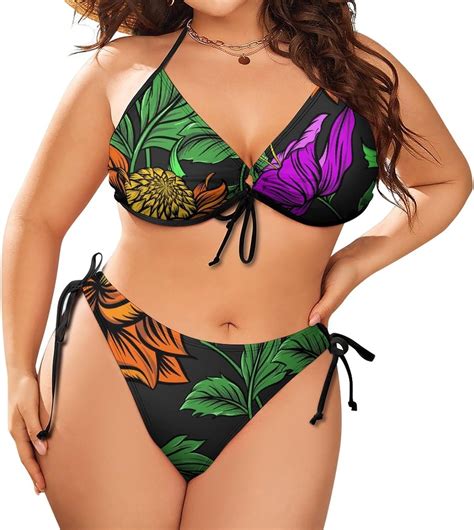 Amazon Women Plus Size Two Piece Tropical Leaves Hibiscus Flowers Bikini Sets Swimsuit