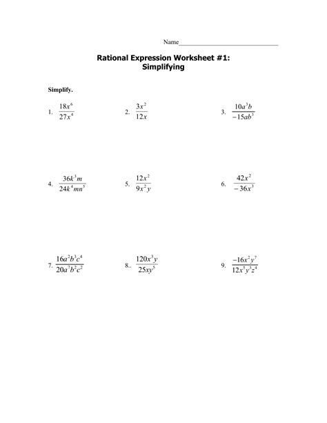 Rational Expression Worksheet 1 Simplifying