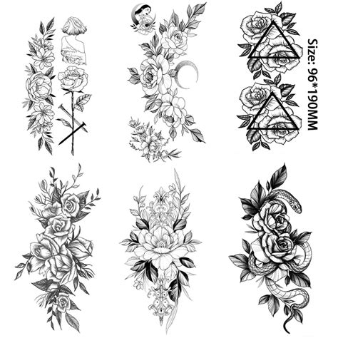 6 Pieceslot 3d Realistic Large Flower Temporary Tattoos For Women Body Art Arm Geometric Tattoo