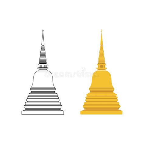 Golden Pagoda And Outline Flat Vector With Isolated White Background