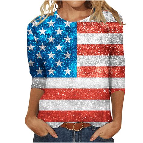 Fanxing American Flag Shirt For Women 4th Of July T Shirt Usa Flag Patriotic Tee Tops 34 Sleeve