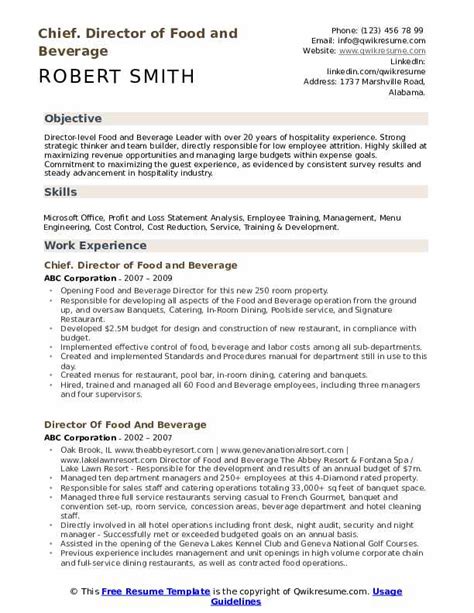 Director Of Food And Beverage Resume Samples Qwikresume