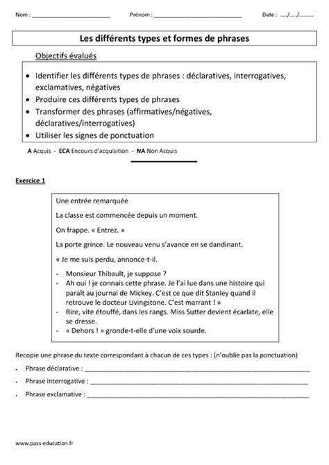 Types Et Formes De Phrases Evaluation Cm1 Cm2 Pass Education