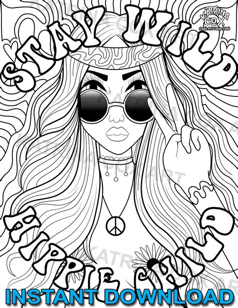 Stay Wild Hippie Child Illustration Coloring Page Art Print Etsy