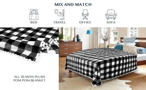 Pavilia Pom Pom Blanket Throw Buffalo Plaid White Black