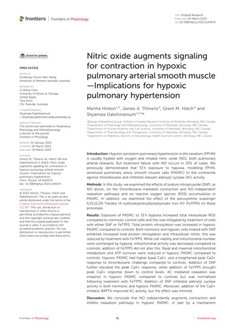 Pdf Nitric Oxide Augments Signaling For Contraction In Hypoxic Pulmonary Arterial Smooth