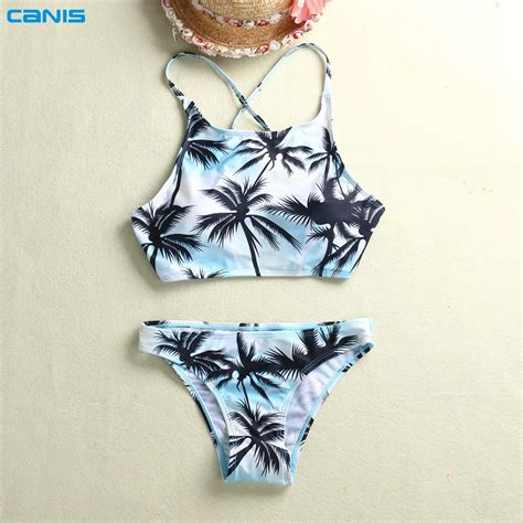 Print Floral Palm Tree Bikini Set Halter Crop Top Hang High Neck