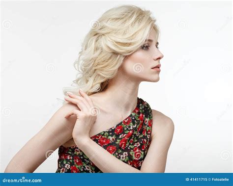 Beauty Portrait Of A Beautiful Blonde In A Black Dress With Red Stock Image Image Of Closeup