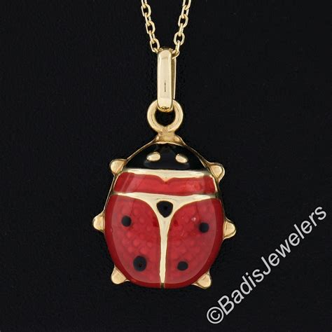 14K Gold Red Black Enamel Ladybug Charm Pendant W Gem