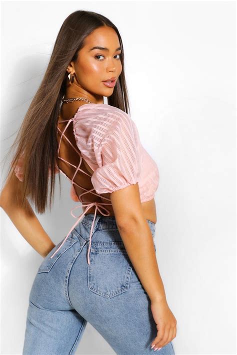 Nude Check Puff Sleeve Open Back Crop Top Boohoo Uk