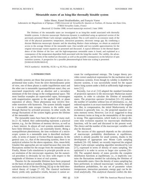 Pdf Metastable States Of An Ising Like Thermally Bistable System