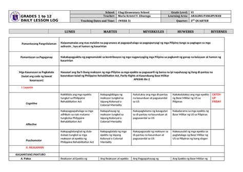 Dll Araling Panlipunan 6 Q3 W3 Grades 1 To 12 Daily Lesson Log School