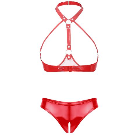 Maillot De Bain Ensemble De Sous V Tements En Cuir Verni Pour Femmes Lingerie Sans Entrejambe