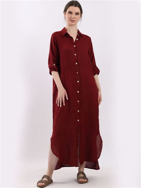 Wholesale Italian Plain Front Buttons Linen Lagenlook Long Shirt Dress