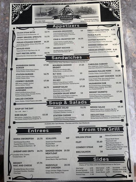 Menu at Sykesville Station steakhouse, Sykesville