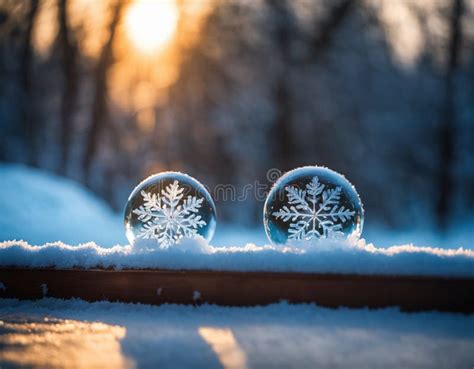 Two Snow Globes Sitting On Top Of A Snow Covered Ground Stock Photo