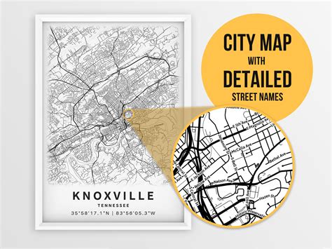 Printable Map Of Knoxville Tn Tennessee United States With Etsy