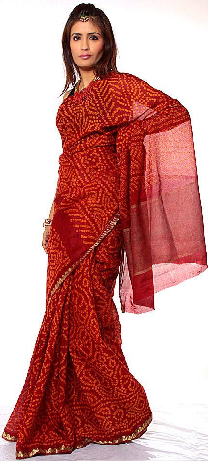 Red Bandhani Sari From Rajasthan Exotic India Art