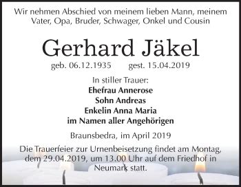 Traueranzeigen von Gerhard Jäkel abschied nehmen de