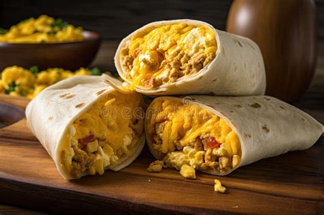 Breakfast Burrito, Filled with Scrambled Eggs, Cheese, and Salsa Stock ...