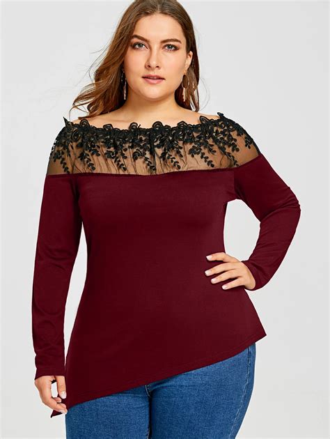 Wipalo Plus Size Sheer Embroidered Asymmetric Long Sleeve T Shirt Sexy