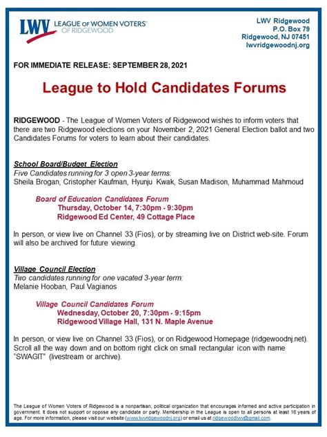 League Of Women Voters Of Ridgewood To Host Candidate Forums Ahead Of