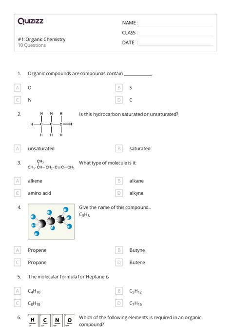 Organic Chemistry Worksheets For Th Grade On Quizizz Free